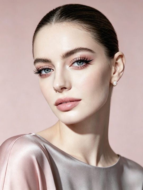 Half-body close-up of a model wearing pure black wispy false eyelashes, with a dusty rose pink seamless background. The lashes are voluminous and separated, with a natural curl, catching subtle silver-silk sheen under soft golden light. She has a nude rose matte eyeshadow and champagne gold highlighter, wearing a grey-pink silk top and a pearl stud.