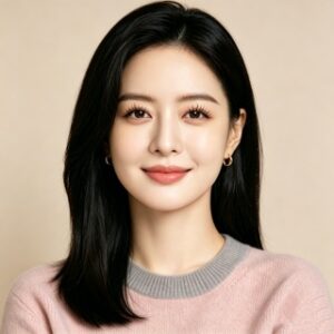 Chinese woman with black straight hair and warm smile, wearing Everyday natural-volume pure black false lashes, rose gold stud earrings, bust-up portrait.