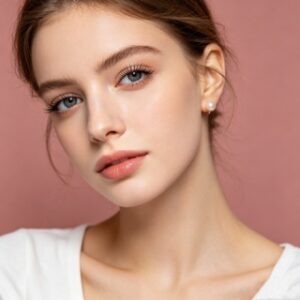 Woman with ultra-natural Bare lashes, barely-there look, soft expression, bust-up portrait